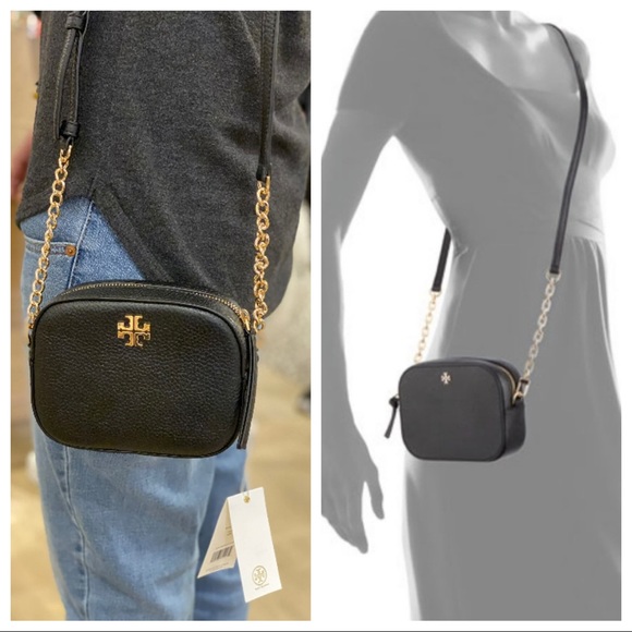 Tory Burch Logo Round Crossbody Purse Black Gold - Picture 7 of 8